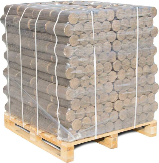 Premium Hartholzbriketts rund NESTRO Palette 960 kg – 96 Packungen à 10 kg